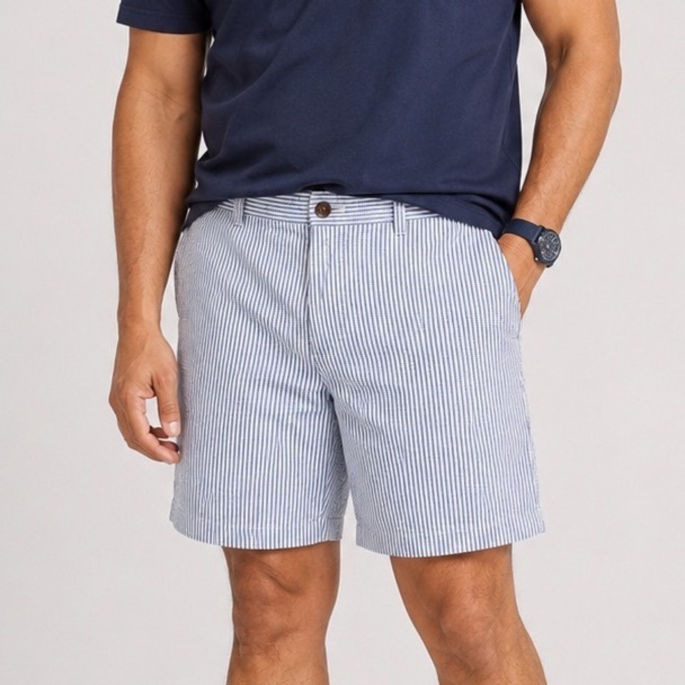 J.Crew Mens 36 Seersucker Shorts Blue White Striped 7 Inch Inseam Cotton Summer